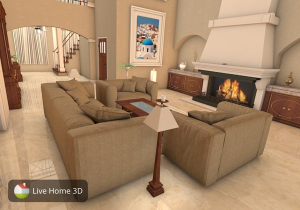 Cozy living room with fireplace designed in Live Home 3D.