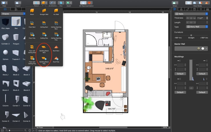Creating the building block of the necessary size in the 2D view of Live Home 3D for Mac