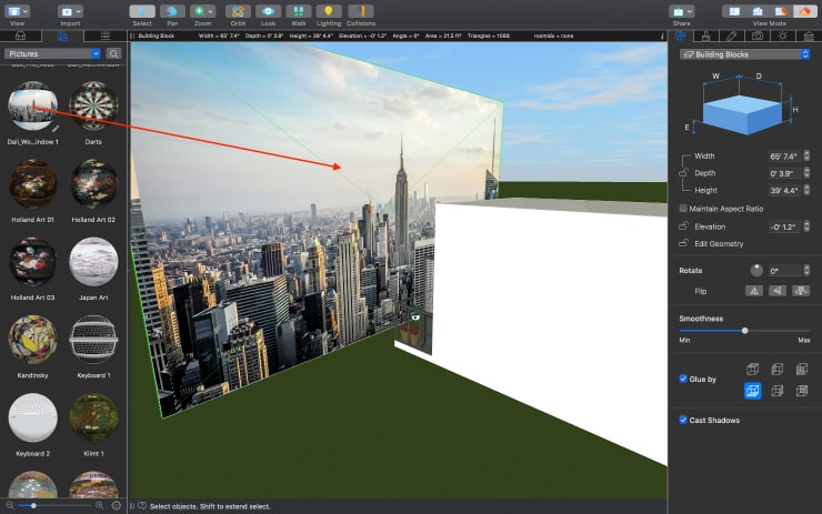 The New York city view image applied to the surface in the Live Home 3D Pro app for Mac