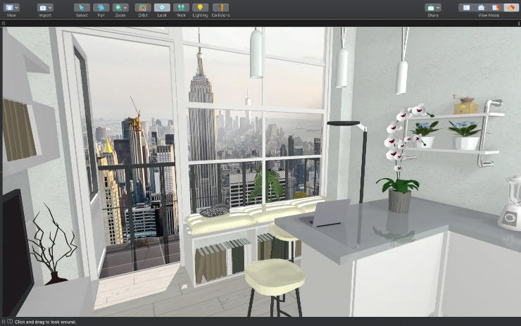 A screenshot of a tiny apartment in New York with city view designed in Live Home 3D