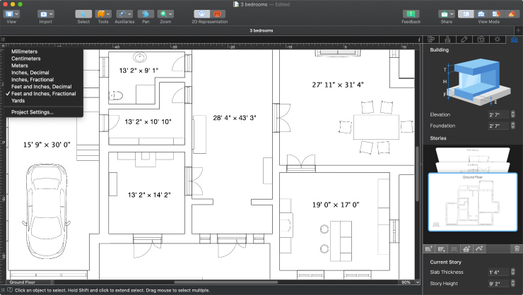A floor plan with the selection of measurement units in Live Home 3D Pro