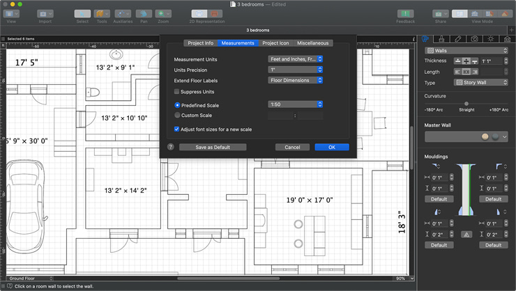A floor plan with the Measurements tab of the Project Settings dialog of Live Home 3D