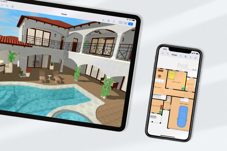 A house design on 3D and a 2D floor plan in Live Home 3D app on an iPad and an iPhone