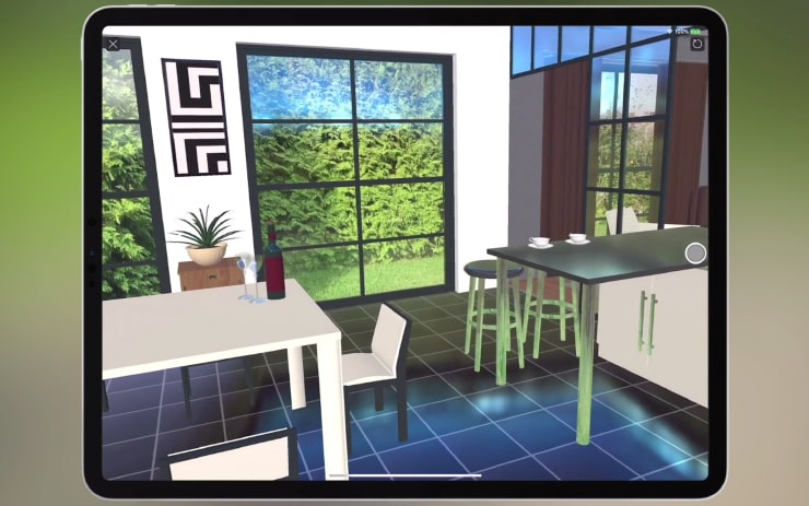 A kitchen model in AR in the Live Home 3D interior design app for iPad