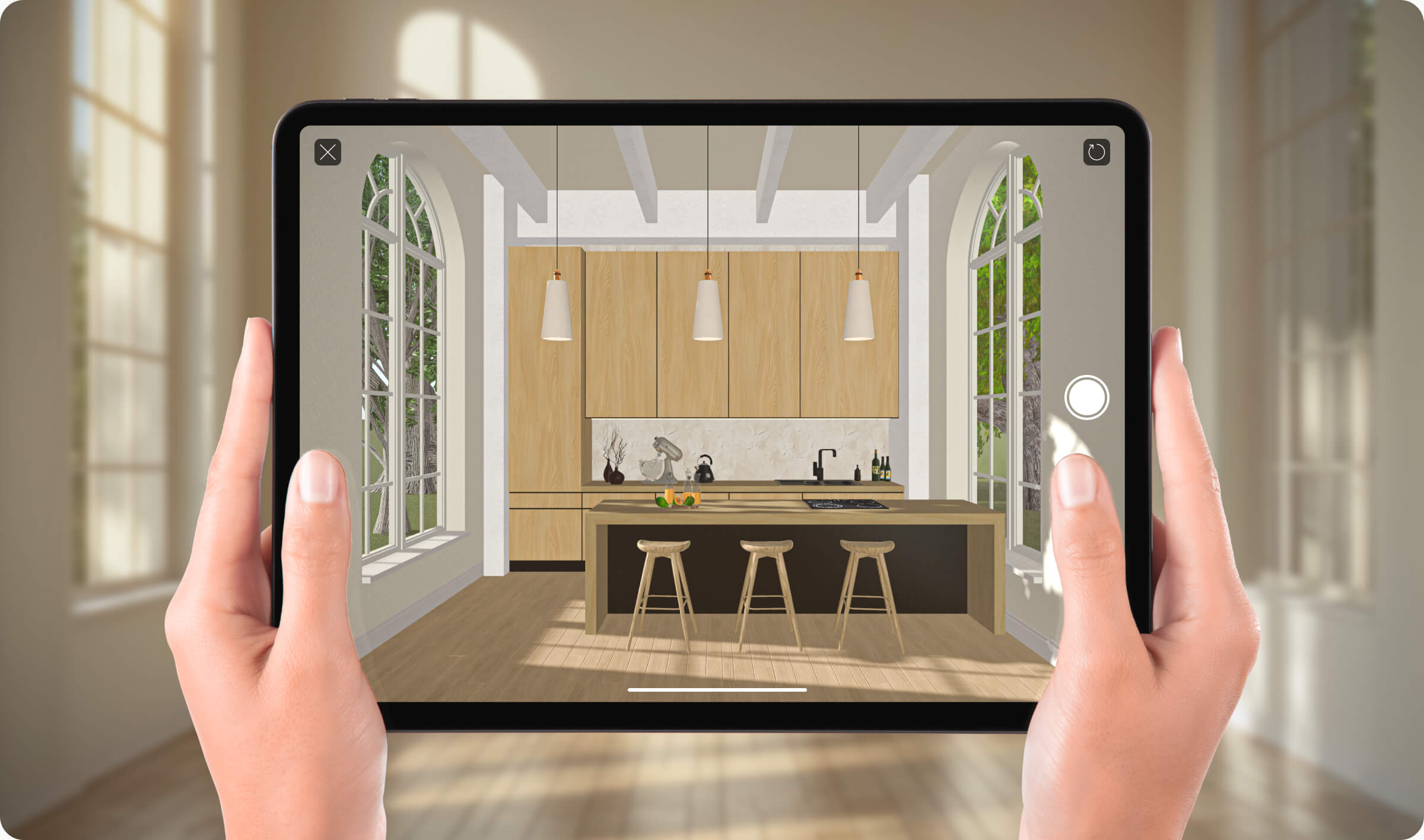 View in AR functionality of Live Home 3D on an iPad demonstrating a kitchen in augmented reality.