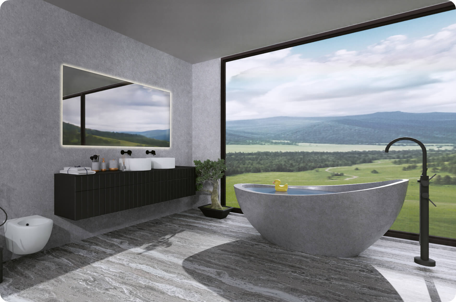 A bathroom with a magnificent view.