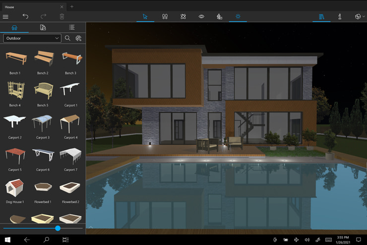 A screenshot of a project with a house and a pool opened in Live Home 3D for Windows