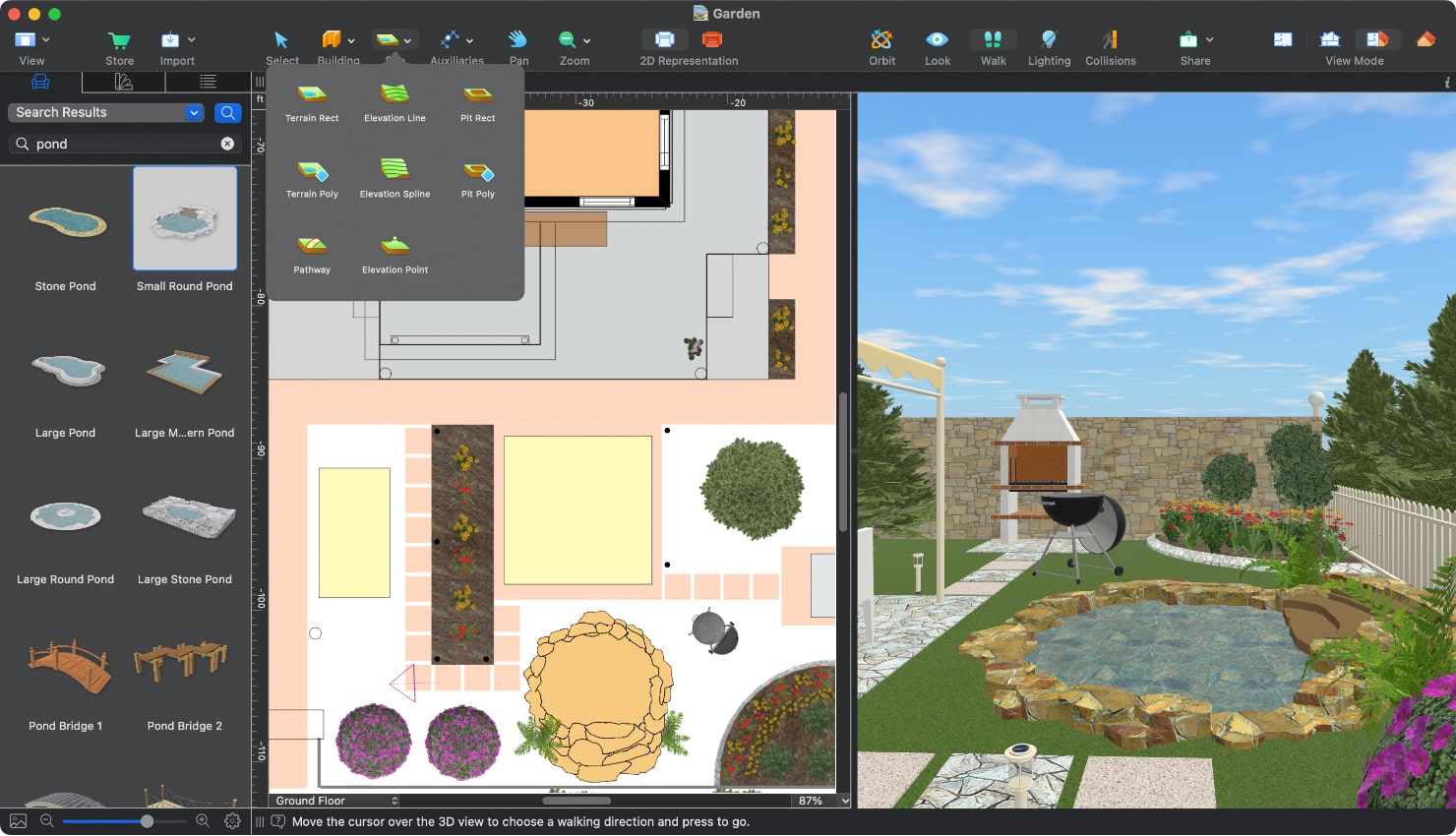 A screenshot showcasing how to create a pond in Live Home 3D for Mac