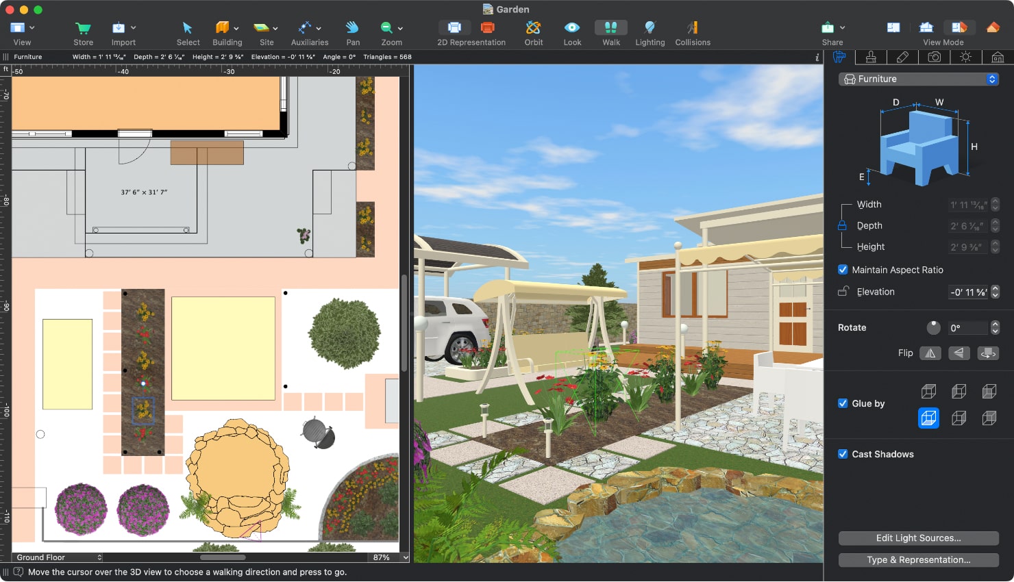 A screenshot of a garden design opened in the split-mode in Live Home 3D for Mac