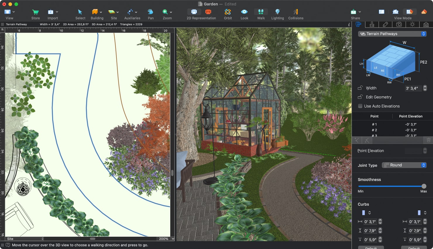 A screenshot showcasing the work with pathways in split-mode in Live Home 3D for Mac