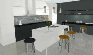 A kitchen in gray and white colorsm