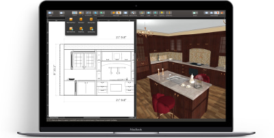 A kitchen design opened in Live Home 3D on MacBook laptop: 3D view and 3D elevation view.