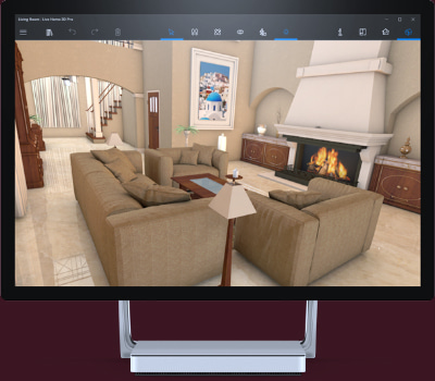 Stylish living room design in Live Home 3D app on Microsoft Surface Studio 2.