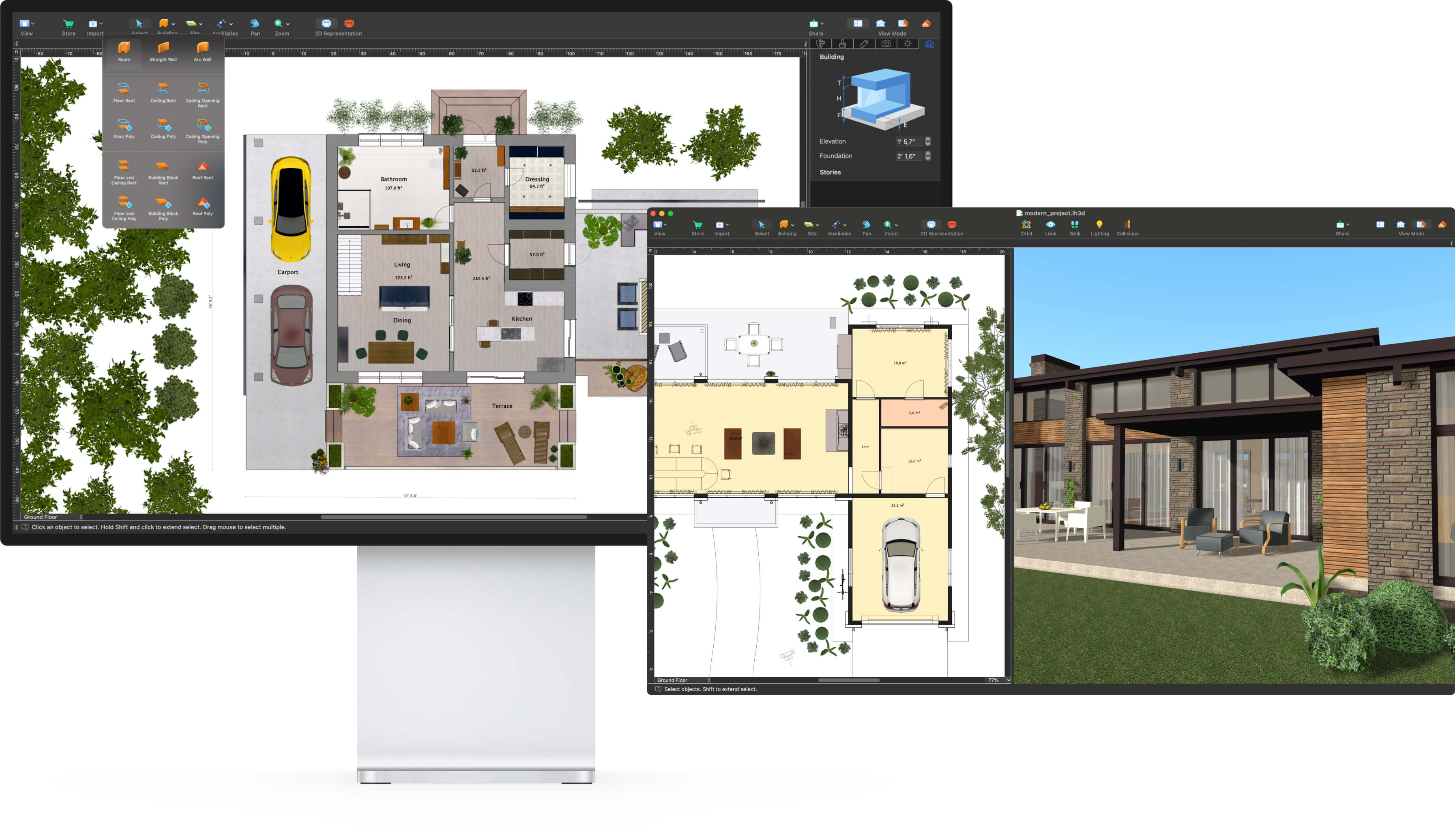 Live Home 3D interior design app on a Mac computer showcasing a floor plan, split view of Live Home 3D for Mac.