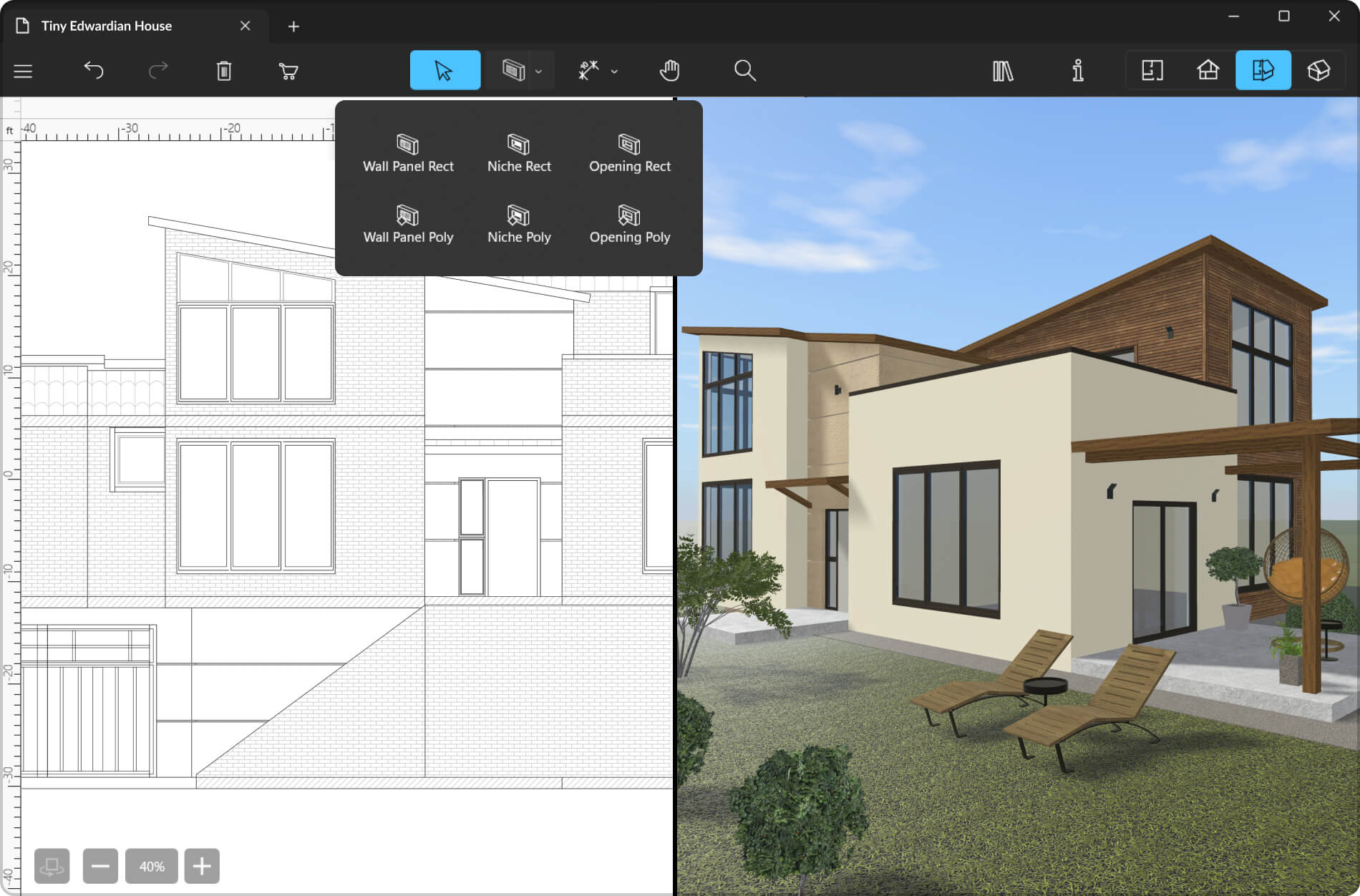 Split mode of Live Home 3D Pro for Windows with the Elevation view and 3D view.