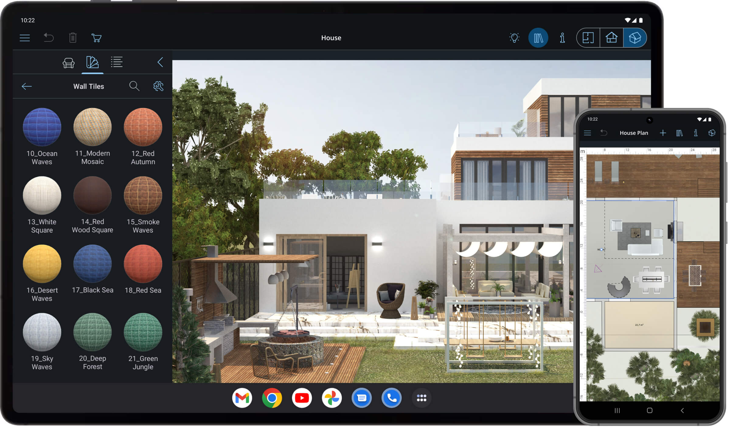 The Live Home 3D app is running on Android devices.