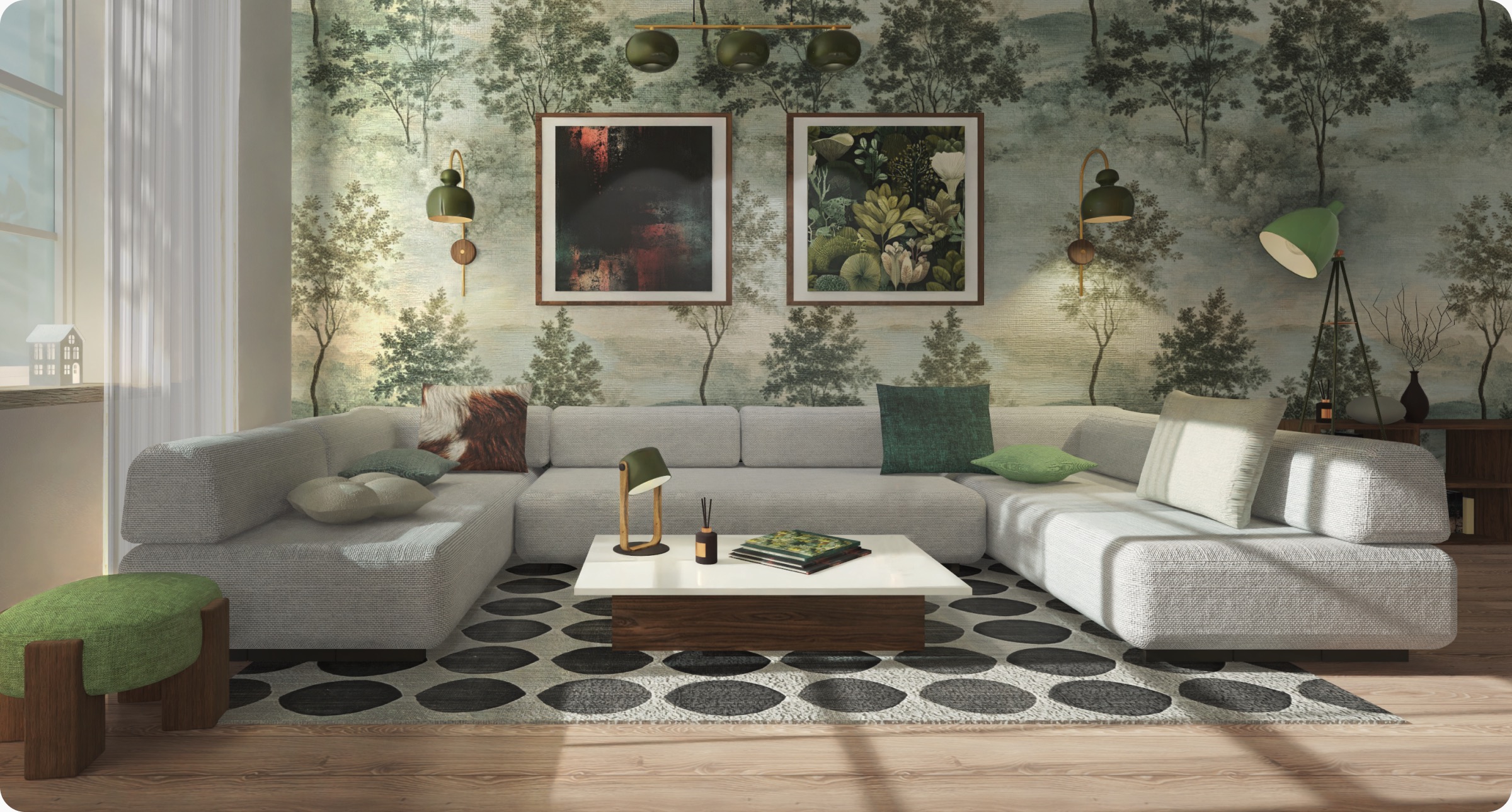 A realistic rendering of a living room created in Live Home 3D.