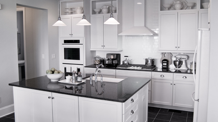 A black and white kitchen design.