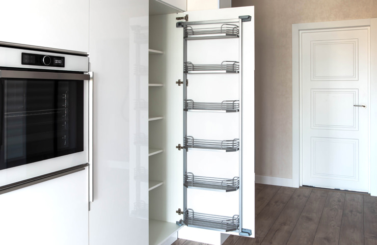 A flexible storage within the kitchen cabinetry.
