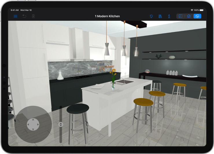 A kitchen designed in white and dark colors opened in Live Home 3D on iPad.