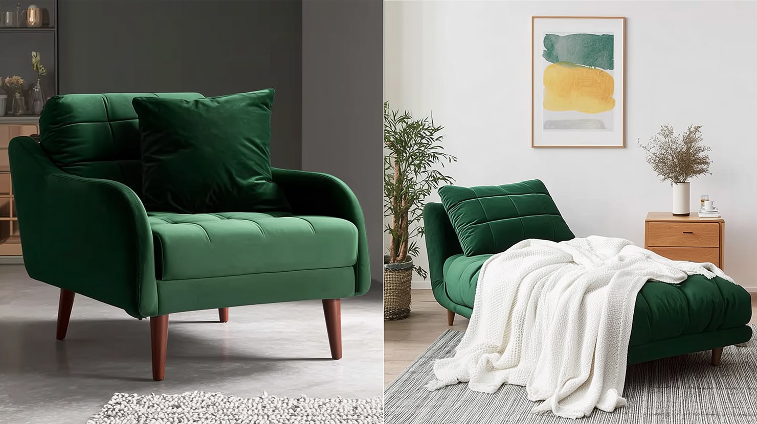 A collage of two pictures: a green velvet armchair on the left and the same armchair transformed into a single sofa with a cozy white blanket on top of it on the right.