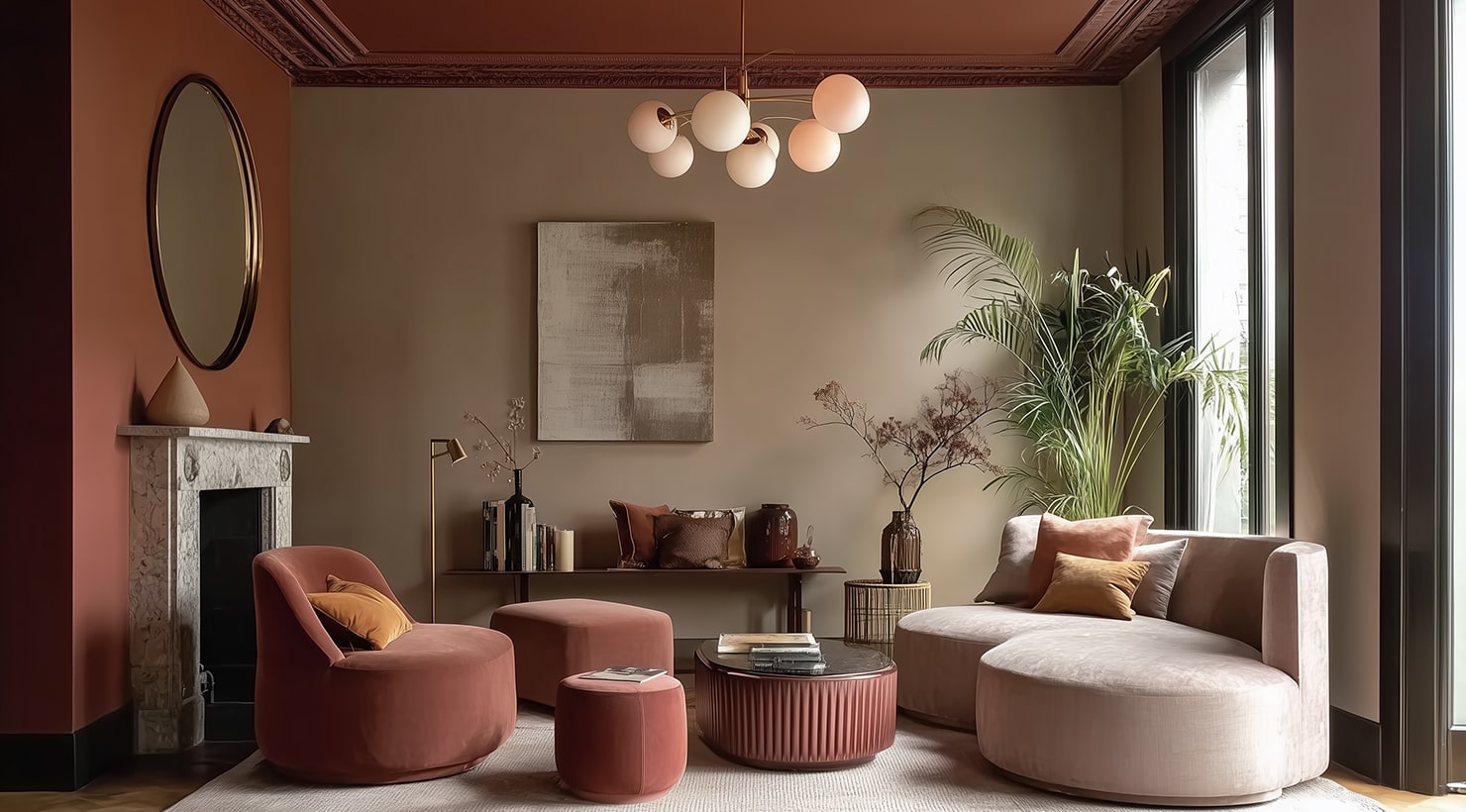 Modern living room styled according to interior design trends 2026 in the colors of muted terracotta, sandy beige and ochre.