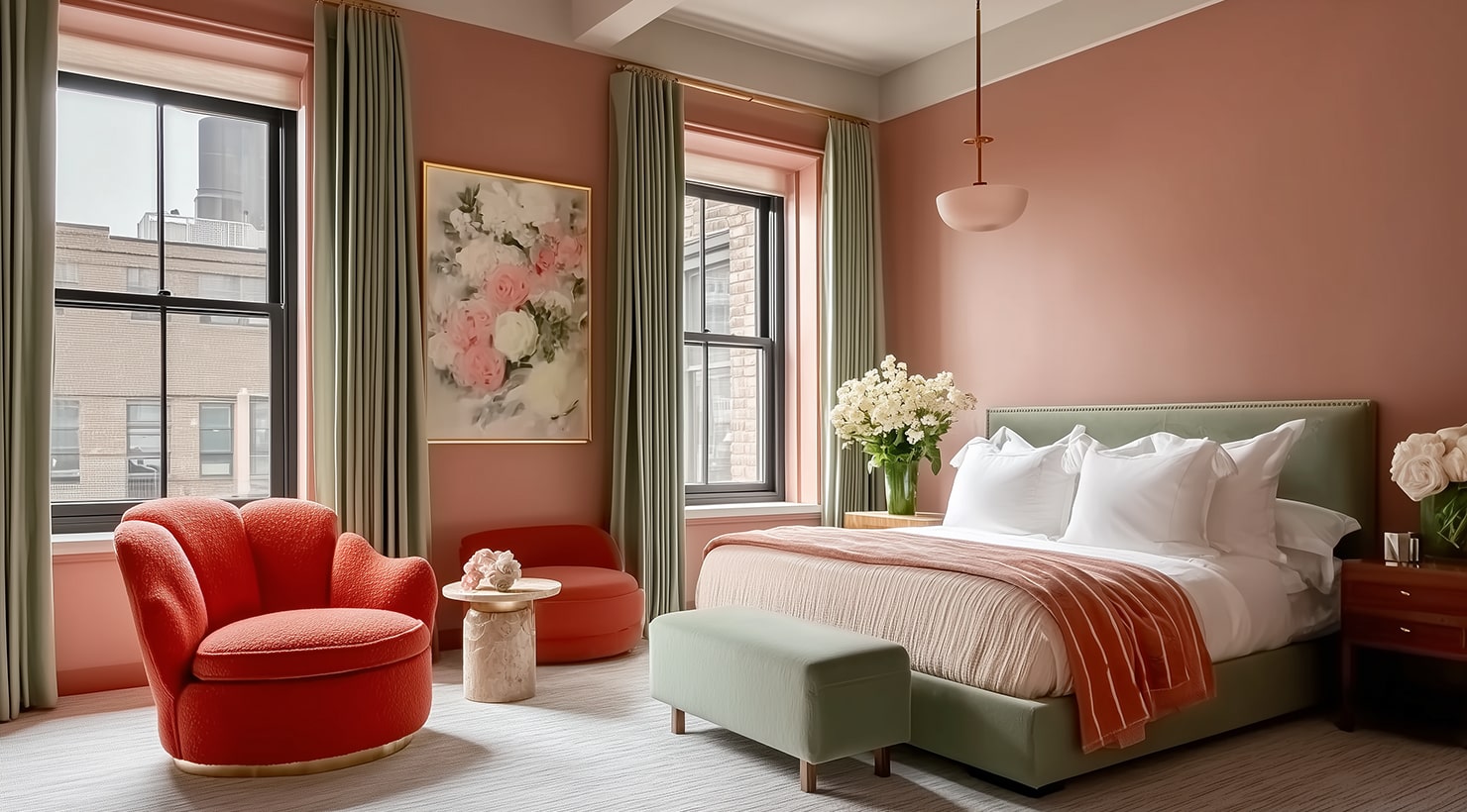 Modern bedroom styled in accordance with interior design trends 2026 in hues like muted terracotta and forest green.