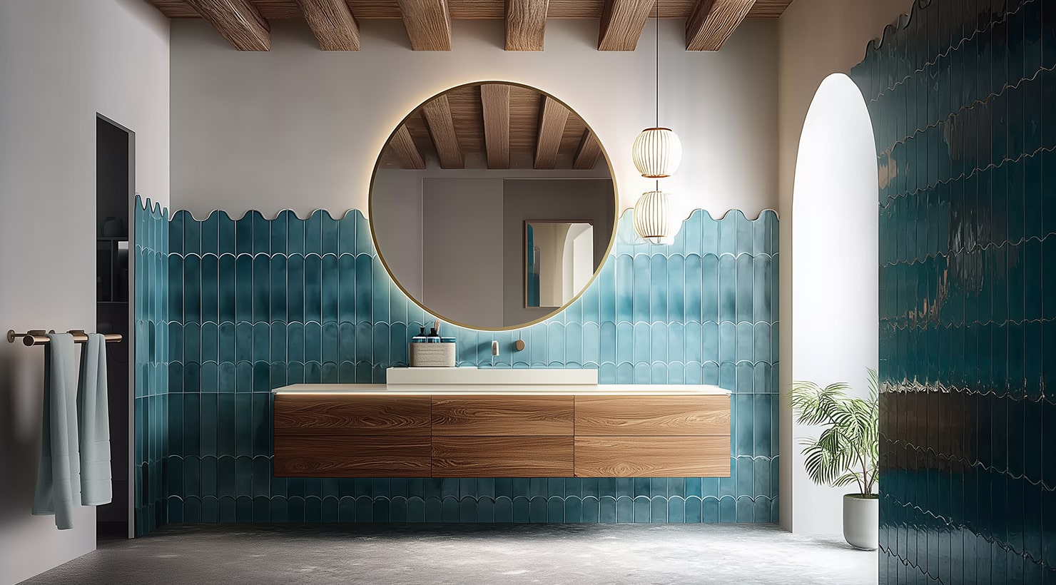 A luxury bathroom design with persian blue wall tile, a round mirror on the wall, wooden beams on the ceiling, statement lighting and mounted sink cabinet in richly grained oak.