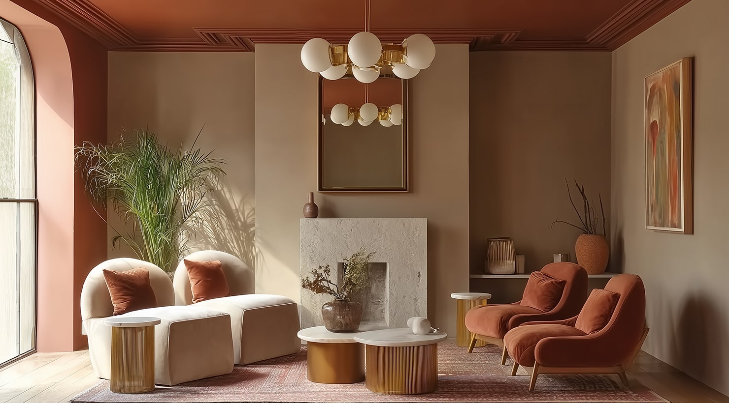 Stylish modern living room designed in earthy hues like rust and muted terracotta with sandy beige colored walls.