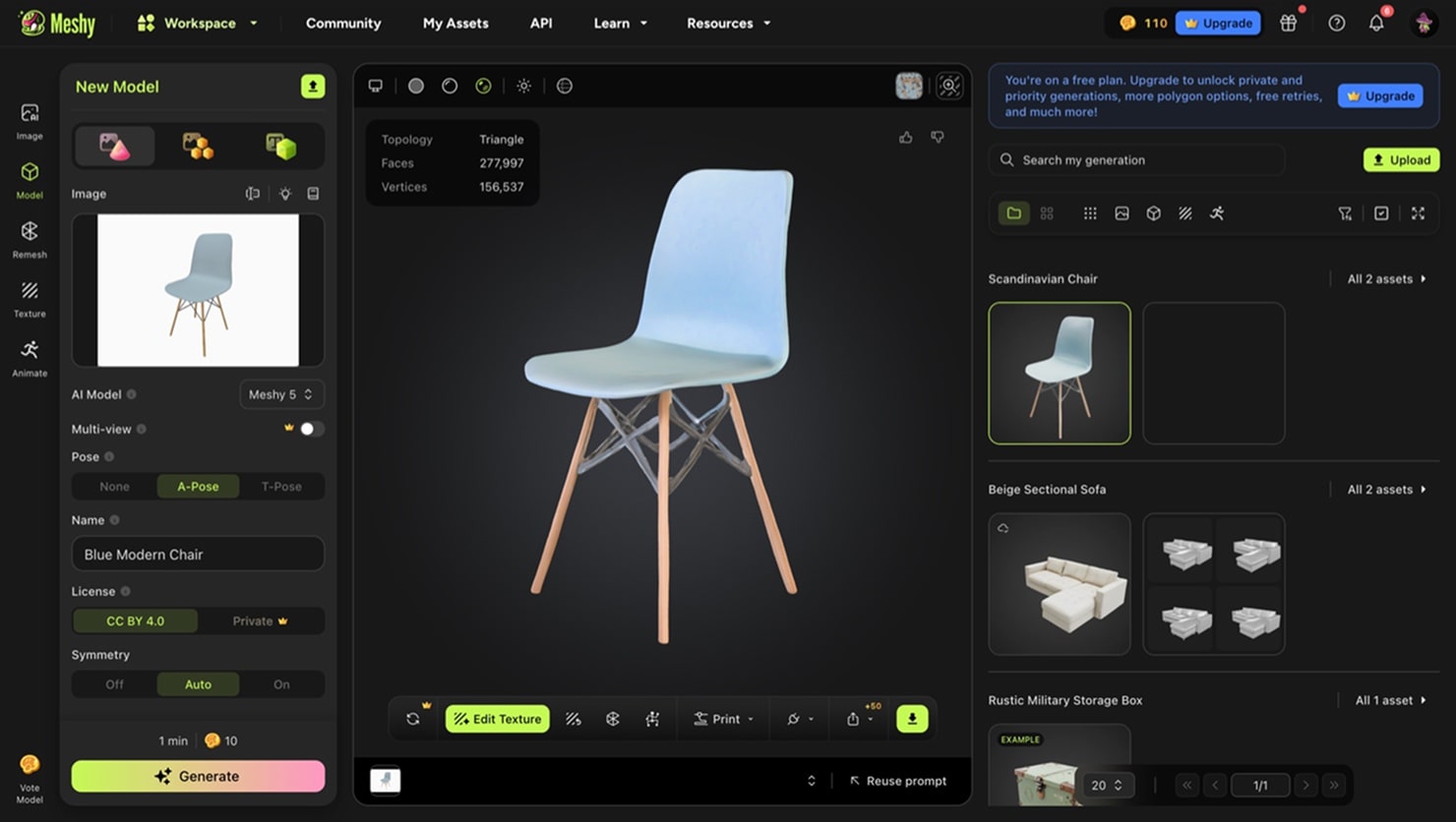 Highly-realistic 3D model of a chair generated with Meshy AI.