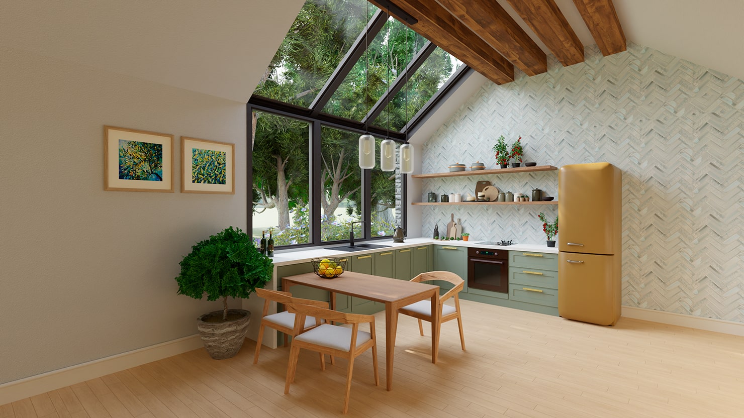 Cozy mansard kitchen designed and rendered in Live Home 3D.