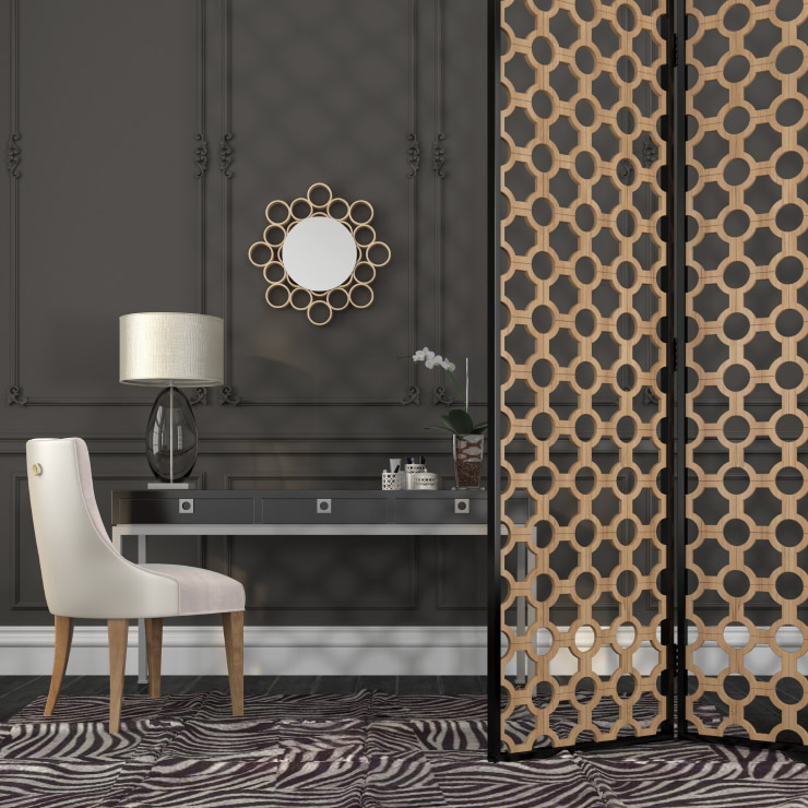 Light chair in the gray interior with zebra pattern flooring.