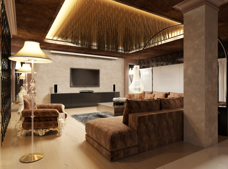 Luxurious living room with a brown soft furniture and decorated ceiling.