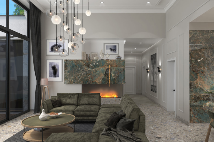 Modern living room with white walls, massive lamp and green sofa.