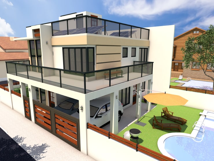 A modern house with a flat roof designed in Live Home 3D