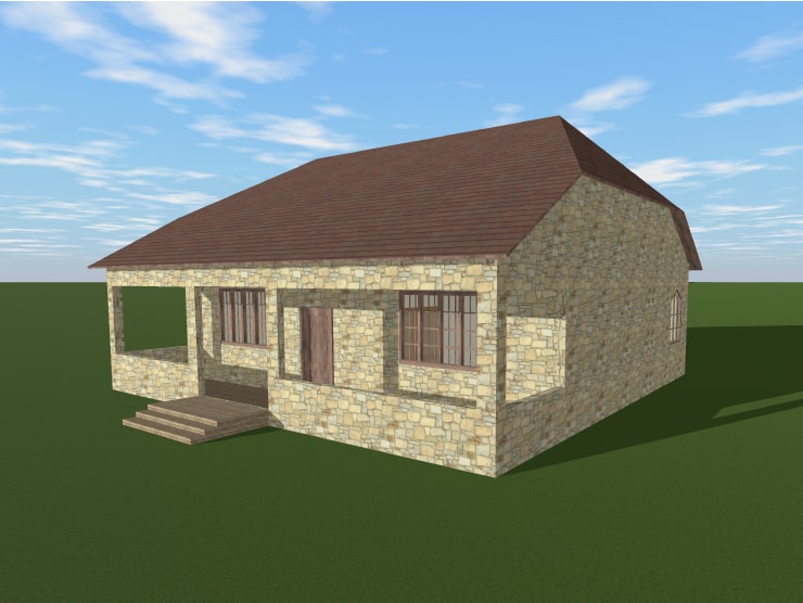 A house with a gable roof with small hips