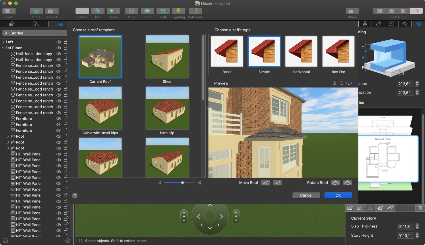 Different roof types in the Roof Assistant dialog of Live Home 3D for Mac.