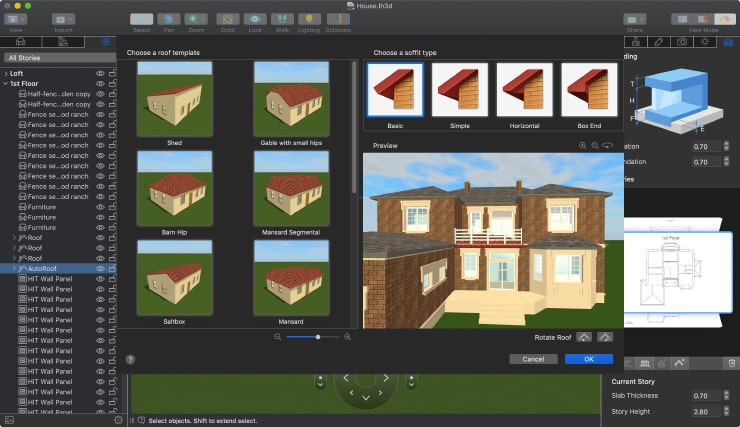 Different roof types in the Roof Assistant dialog of Live Home 3D for Mac