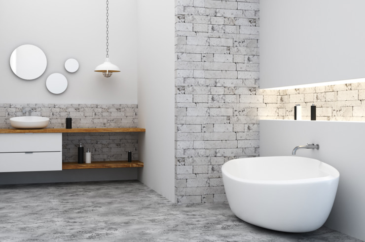 A bathroom in light gray hues
