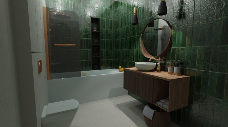 Bathroom with green tile designed and rendered in Live Home 3D.
