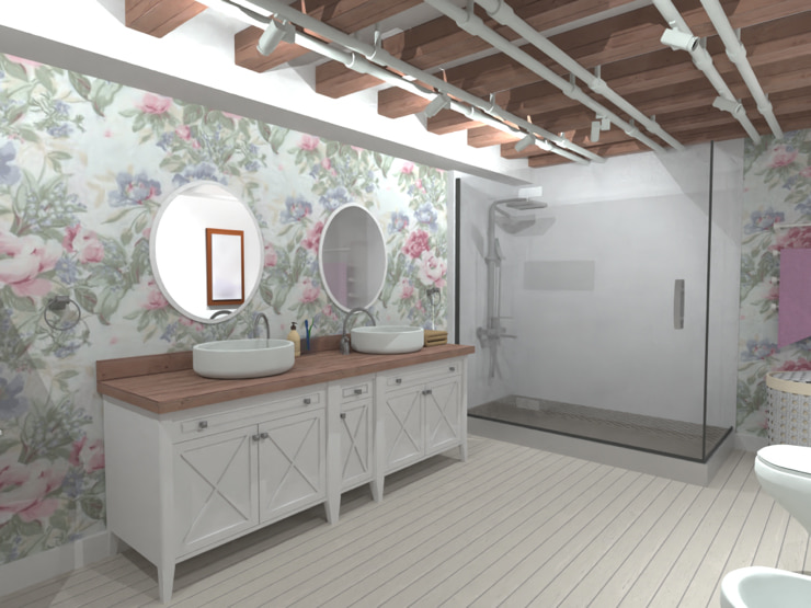 A floral wallpaper bathroom designed in Live Home 3D