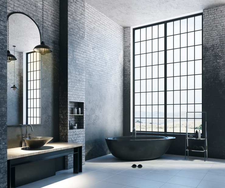 A gray industrial bathroom