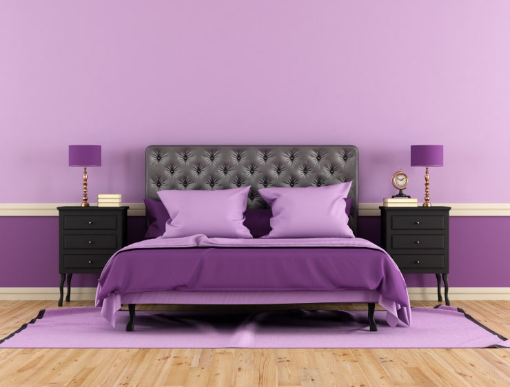 A bedroom in purple colors