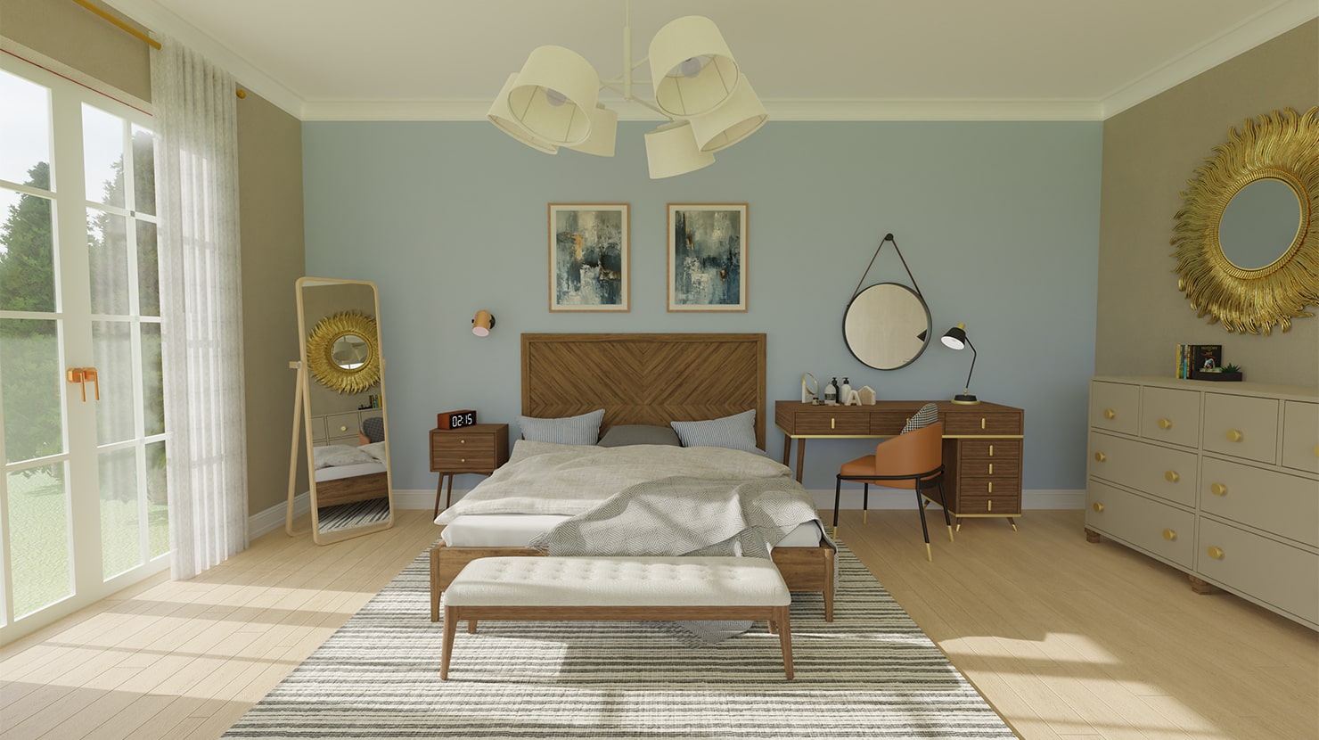 Modern bedroom with a vanity stand.