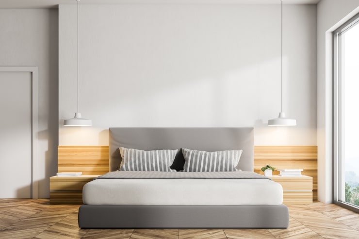 A bedroom in Scandinavian interior design style
