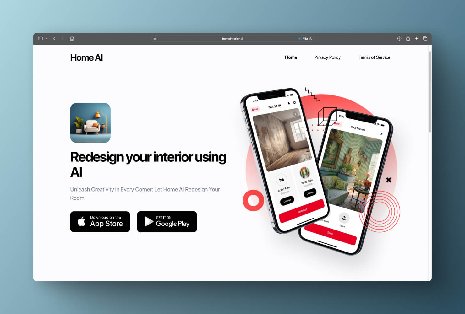 A screenshot of the home page on Home AI app’s website on a gray blue gradient background.