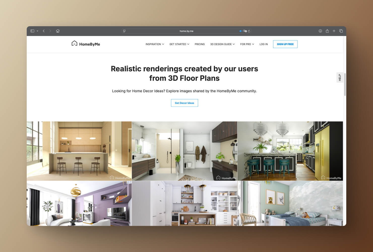A screenshot of the page on HomeByMe app’s website on a brown gradient background.