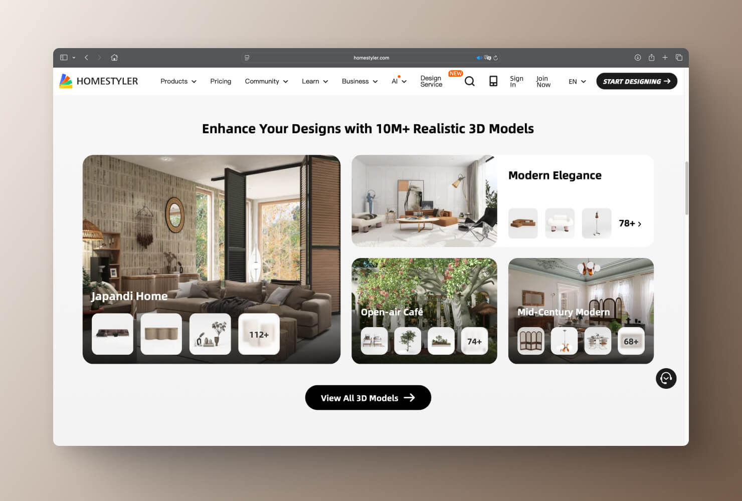 A screenshot of the page on the Homestyler app’s website on a brown gradient background.