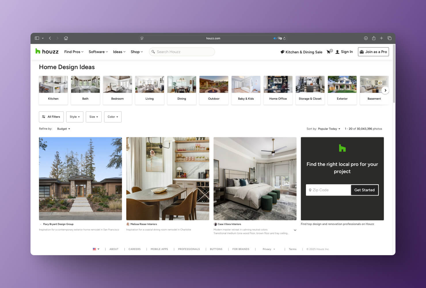 A screenshot of the “house design ideas” page on the Houzz website on a purple gradient background.