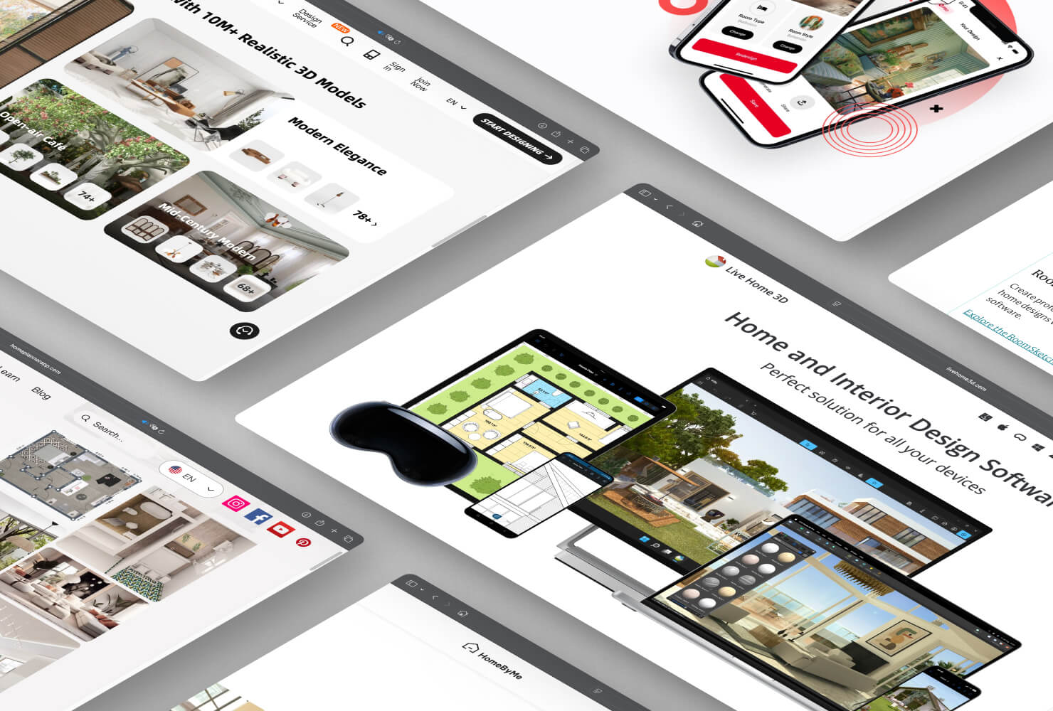 Screenshots of the interior design apps websites on a brown gradient background.